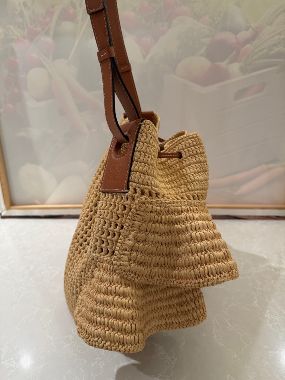 Loewe raffia Ruffled Bucket Bag with Leather handle - Picture 7 of 11